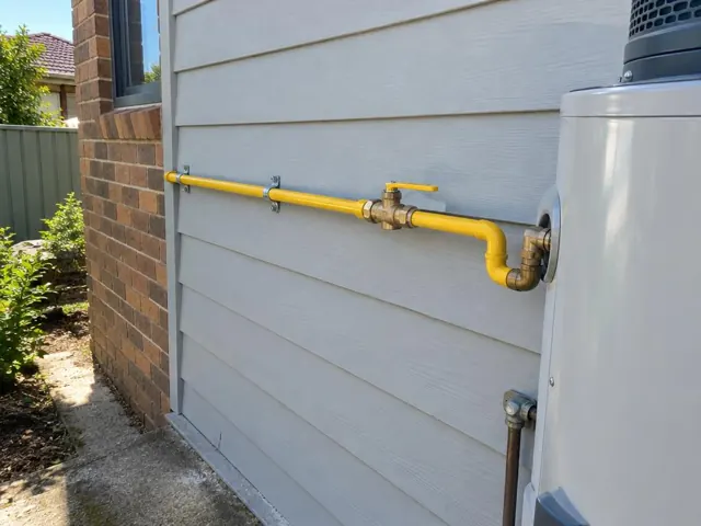 Yellow gas pipe and new fittings on an exterior wall beside a water heater in Marayong