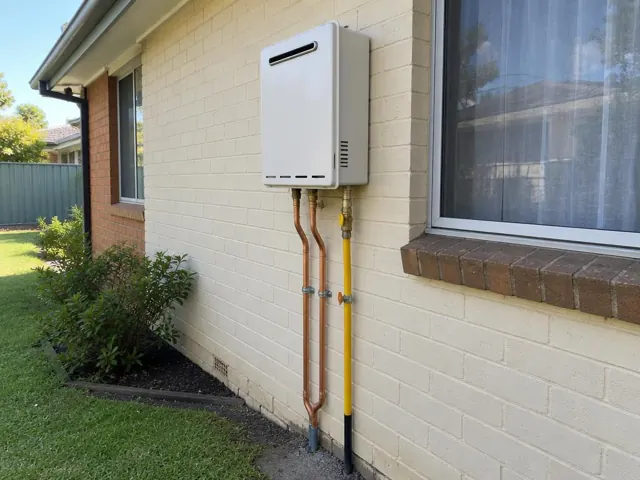 Wall-mounted hot water system with copper and gas pipes on a brick house exterior in Lalor Park